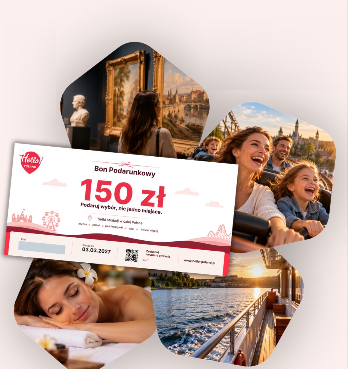 Bon podarunkowy Hello! Poland na 150 zł na tle zdjęć atrakcji: muzeum, rollercoaster, spa i rejs